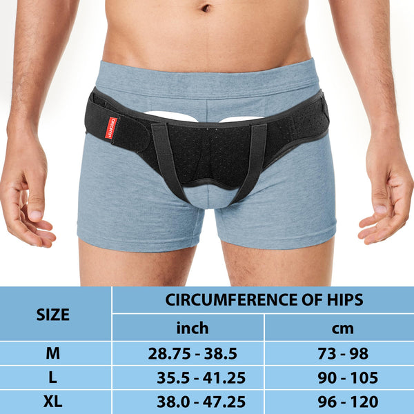 ORTONYX inguinal hernia belt truss with dual removable pads and hook-and-loop straps; size chart for M–XL hip circumference