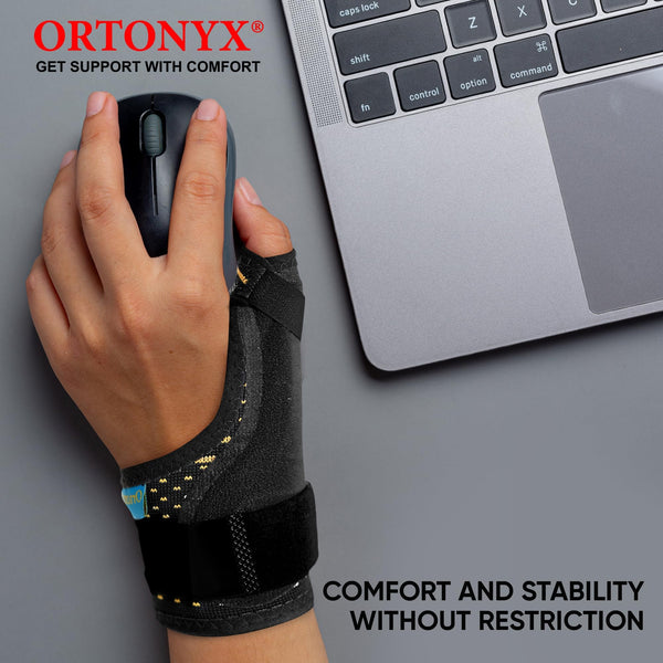 ORTONYX Thumb Immobilizer Brace, Thumb Spica Support Splint on hand using mouse; adjustable wrist strap, breathable knit.