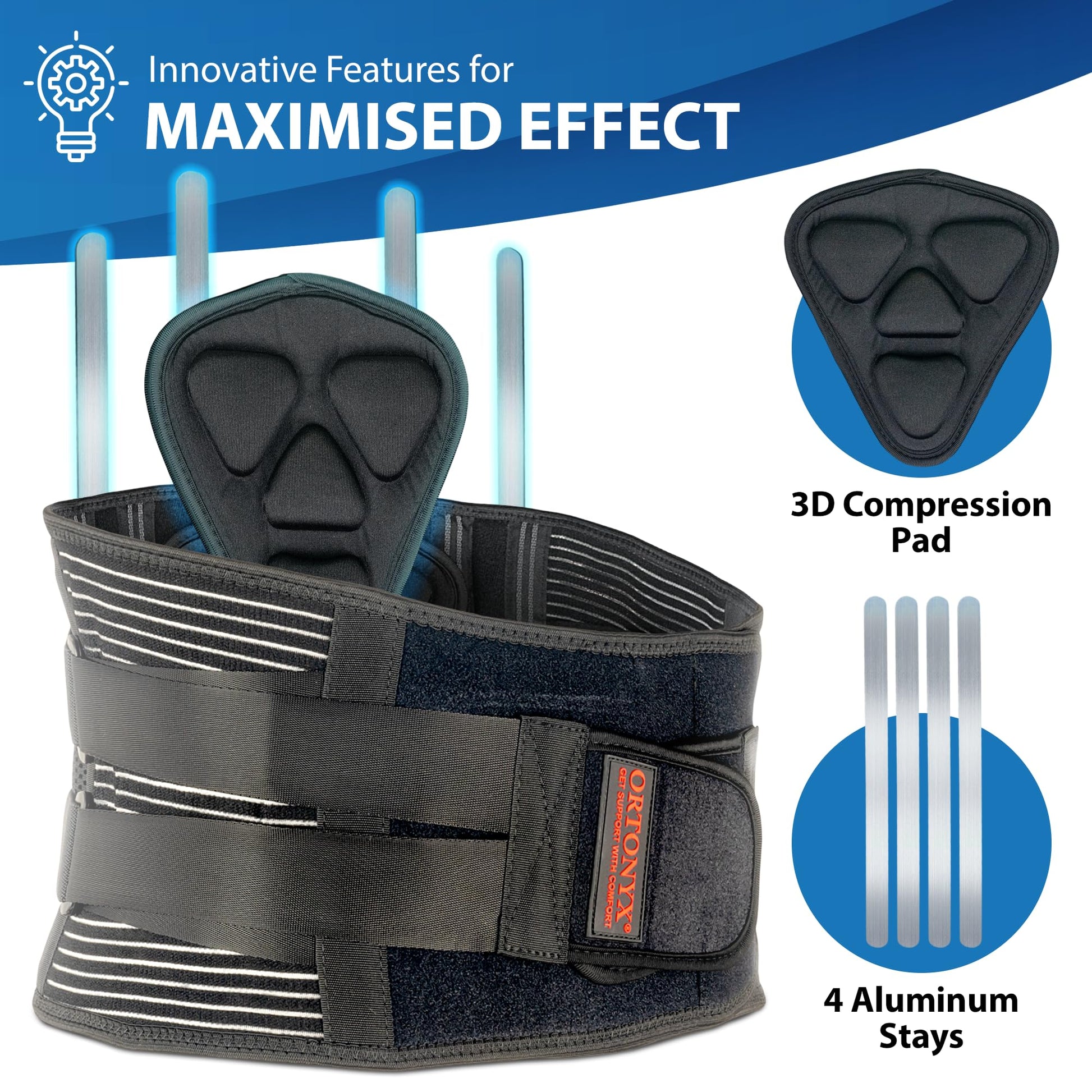 ORTONYX lumbosacral support belt with 3D triangular lumbar pad, 4 aluminum stays, adjustable hook-and-loop straps