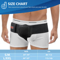 ORTONYX inguinal hernia belt with perforated compression pad and adjustable straps, worn at groin; size chart S/M–L/XXL.