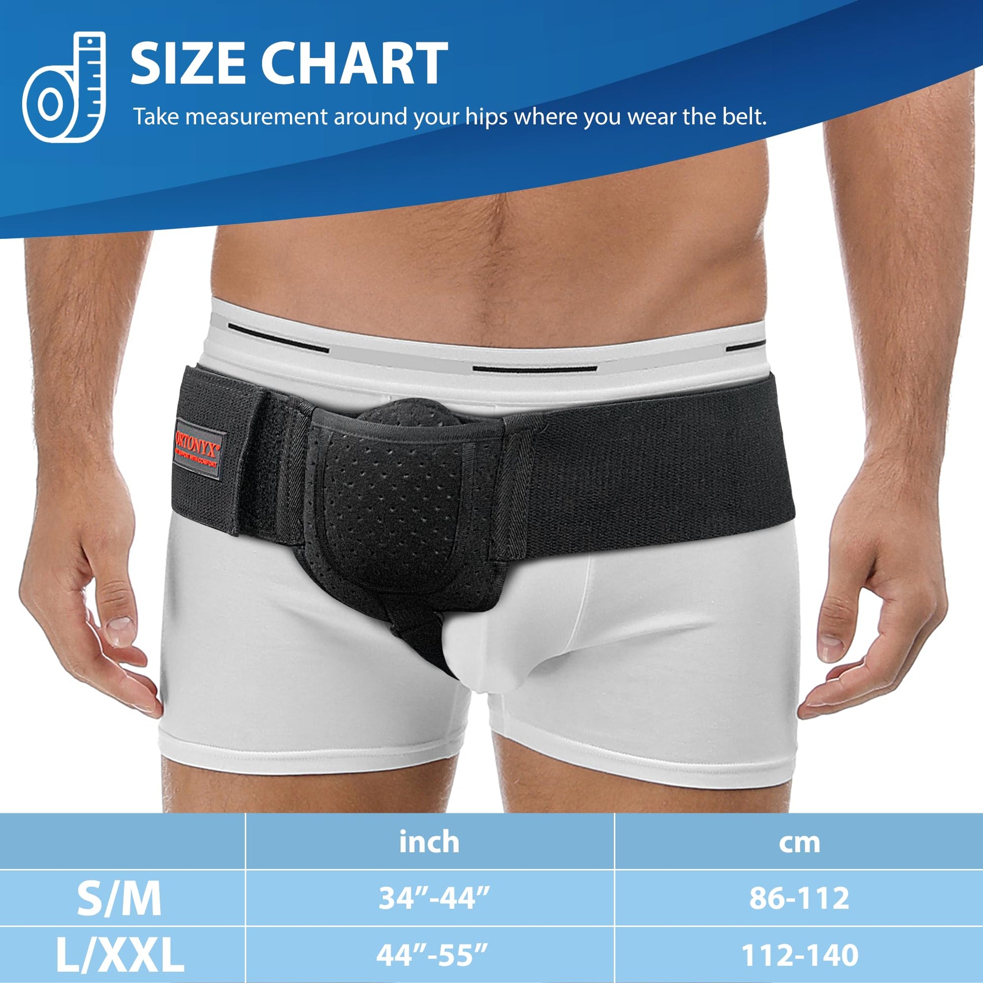 ORTONYX inguinal hernia belt with perforated compression pad and adjustable straps, worn at groin; size chart S/M–L/XXL.