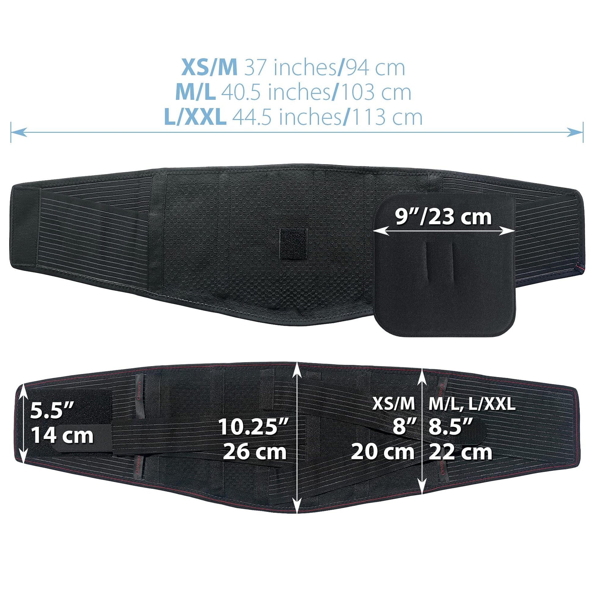 ORTONYX lumbar support belt back brace, breathable knitted lumbar belt with 9 in pad; sizes XS/M–L/XXL and dimensions shown.