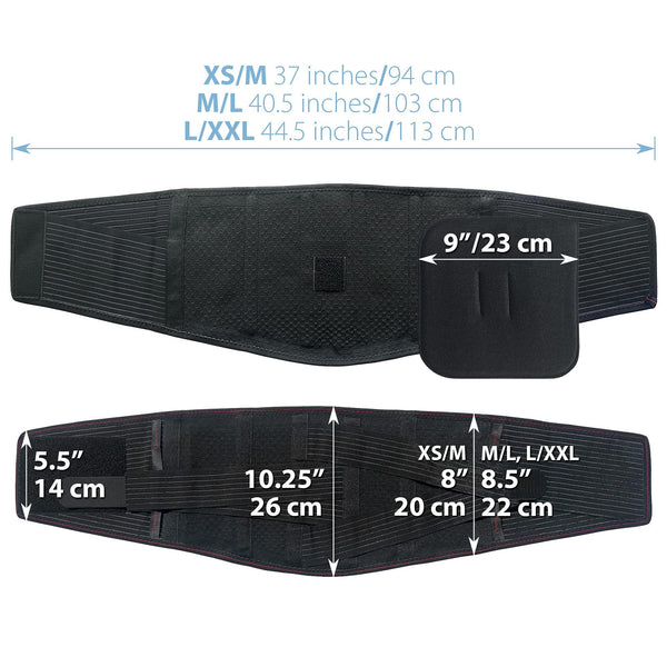 ORTONYX lumbar support belt back brace, breathable knitted lumbar belt with 9 in pad; sizes XS/M–L/XXL and dimensions shown.