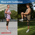Man stretching and woman with yoga mat wearing ORTONYX 3D knitted knee sleeve with patella ring for ACL MCL PCL support