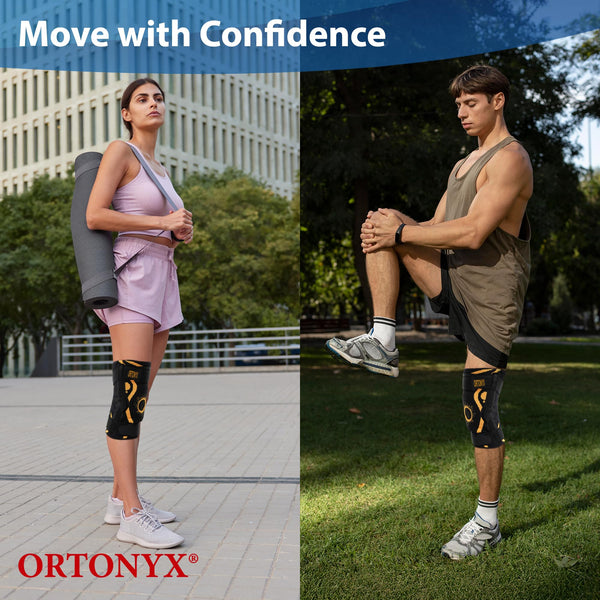 Man stretching and woman with yoga mat wearing ORTONYX 3D knitted knee sleeve with patella ring for ACL MCL PCL support
