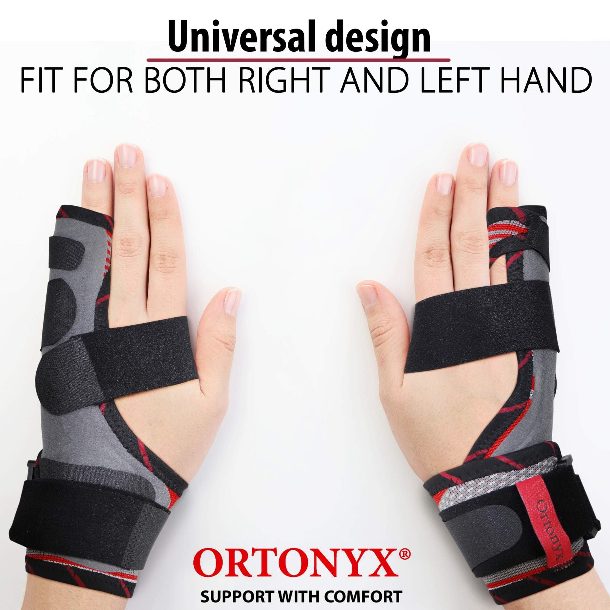 ORTONYX boxer fracture splint ACKB434/USACKB434 on left and right hands, 4th–5th digit immobilizer pinky finger brace.