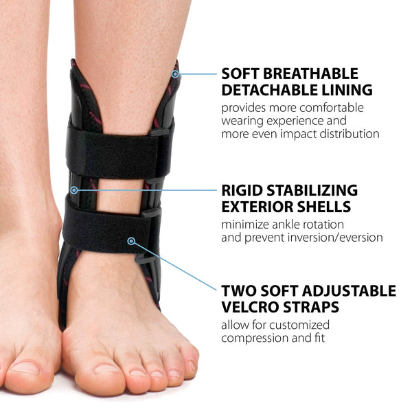 Ankle Stabilizer Brace stirrup splint with rigid shells limiting inversion/eversion, breathable liner, dual Velcro straps