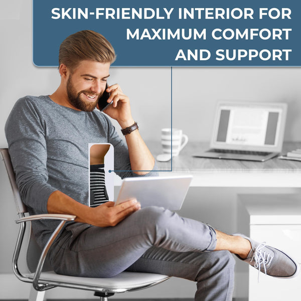 Man at desk wearing ORTONYX lumbar support brace; callout shows breathable, skin-friendly knit interior.