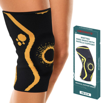 ORTONYX knee brace with patella ring shown on leg; 3D knitted patella stabilizer sleeve in black/yellow with box KB 314