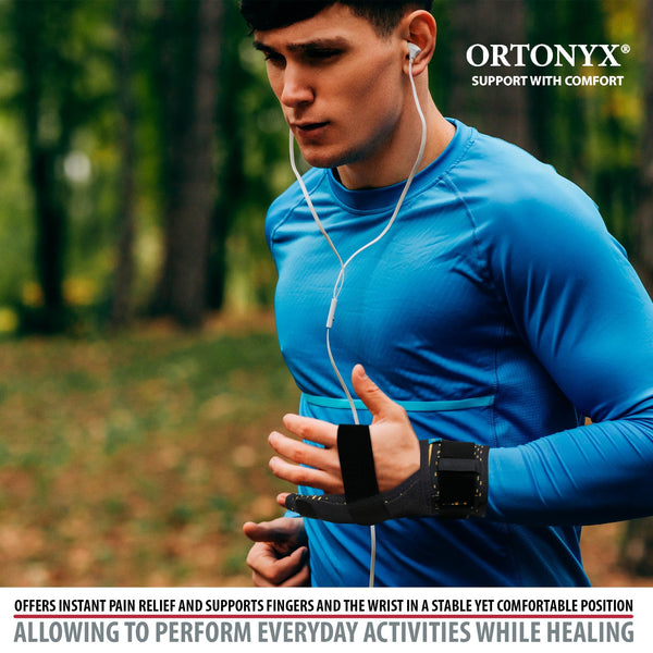 Runner wearing ORTONYX Pinky Finger Splint KB434-BK, ulnar gutter boxer fracture brace stabilizing 4th–5th fingers right hand