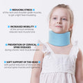 Child wearing light blue soft foam pediatric cervical collar; kids neck support brace ORTONYX ACJS03 supporting chin and neck