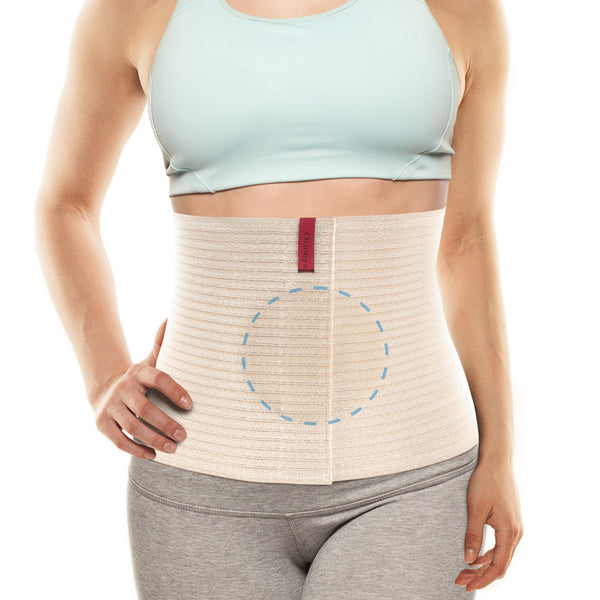 ORTONYX umbilical ventral hernia belt worn on torso, 10.25 in abdominal binder with hook-and-loop and targeted navel pad