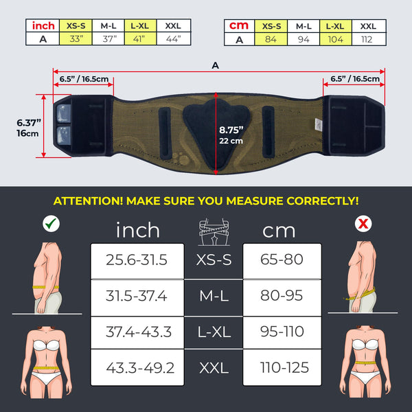 Orthopedic lumbar support belt with dimensions and waist size chart (XS-S to XXL), measurement guide in inches and cm