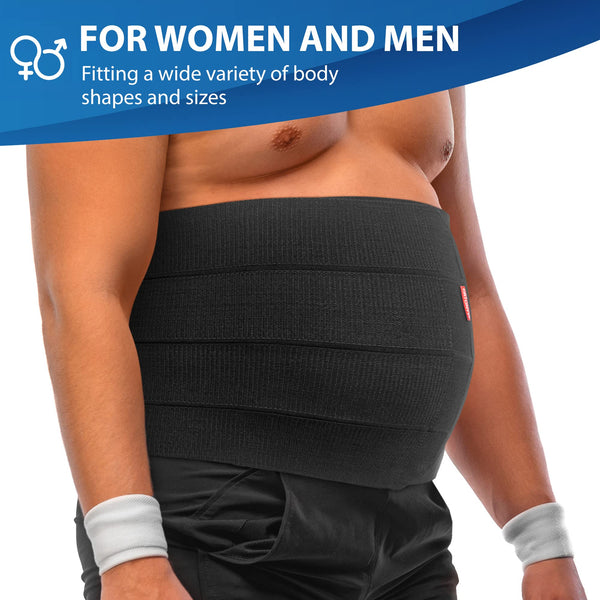 Torso wearing ORTONYX 12-inch wide abdominal binder, black bariatric postoperative belly compression wrap with adjustable fit.