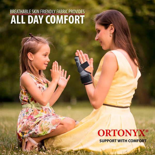 ORTONYX boxer fracture splint ACKB434 on right hand, pinky finger brace immobilizing 4th–5th digits; breathable gray design