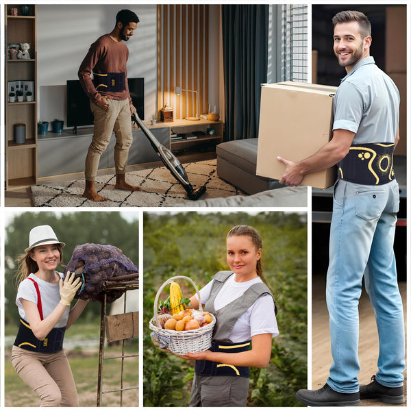 People wearing ORTONYX KB726 lumbar support belt back brace with knitted support and 3D lumbar pad while lifting and cleaning