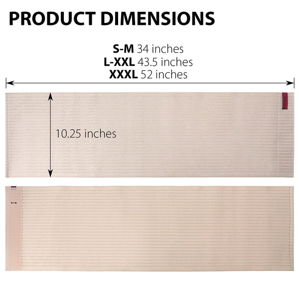ORTONYX abdominal binder 524010, beige, 10.25 in tall; sizes S–M 34, L–XXL 43.5, XXXL 52 in; breathable elastic, Velcro.