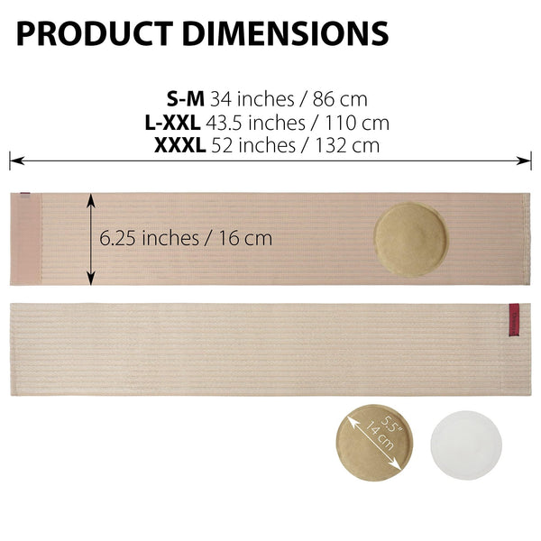 ORTONYX umbilical hernia belt, 6.25 in wide, removable silicone hernia pad 5.5 in. Sizes: S-M 34, L-XXL 43.5, XXXL 52 in.