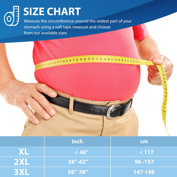 Waist measuring guide for ORTONYX 12" Abdominal Binder, tape around belly and size chart XL–3XL with inch/cm ranges