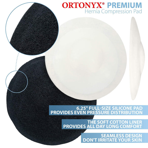 ORTONYX umbilical hernia belt pad: 6.25 in removable concave silicone pad with soft cotton liner and seamless edges