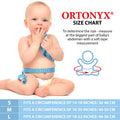 ORTONYX Baby Umbilical Hernia Belt OX350 size chart; baby with measuring tape at abdomen; S 14-18, M 16-20, L 18-22 in.