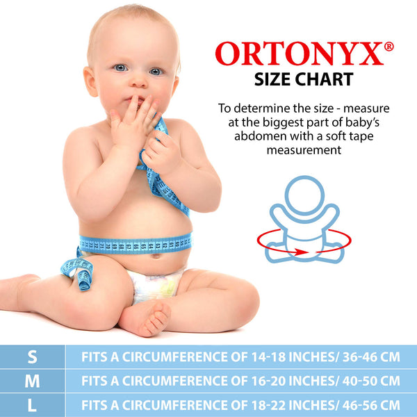 ORTONYX Baby Umbilical Hernia Belt OX350 size chart; baby with measuring tape at abdomen; S 14-18, M 16-20, L 18-22 in.