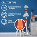 ORTONYX crutch tips, high‑visibility orange replacement tip in close-up; pair noted beside forearm crutches, HDG920116X2