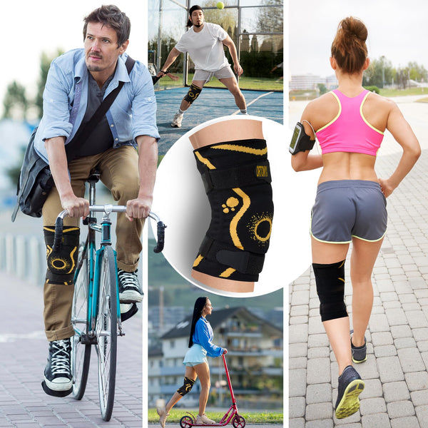 ORTONYX knee brace ACKB714, 3D knit sleeve with patella gel ring and dual straps, worn for cycling, running, and tennis.