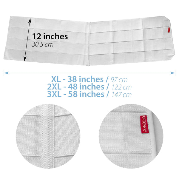 ORTONYX 12" Abdominal Binder, 12-inch wide bariatric abdominal binder; sizes XL 38, 2XL 48, 3XL 58; soft stretch fabric.