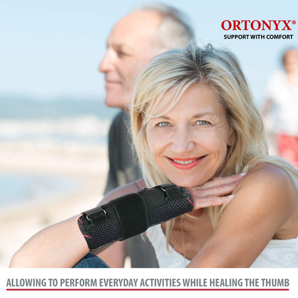 ORTONYX thumb spica support splint worn on hand, breathable mesh thumb immobilizer brace, adjustable hook-and-loop straps.