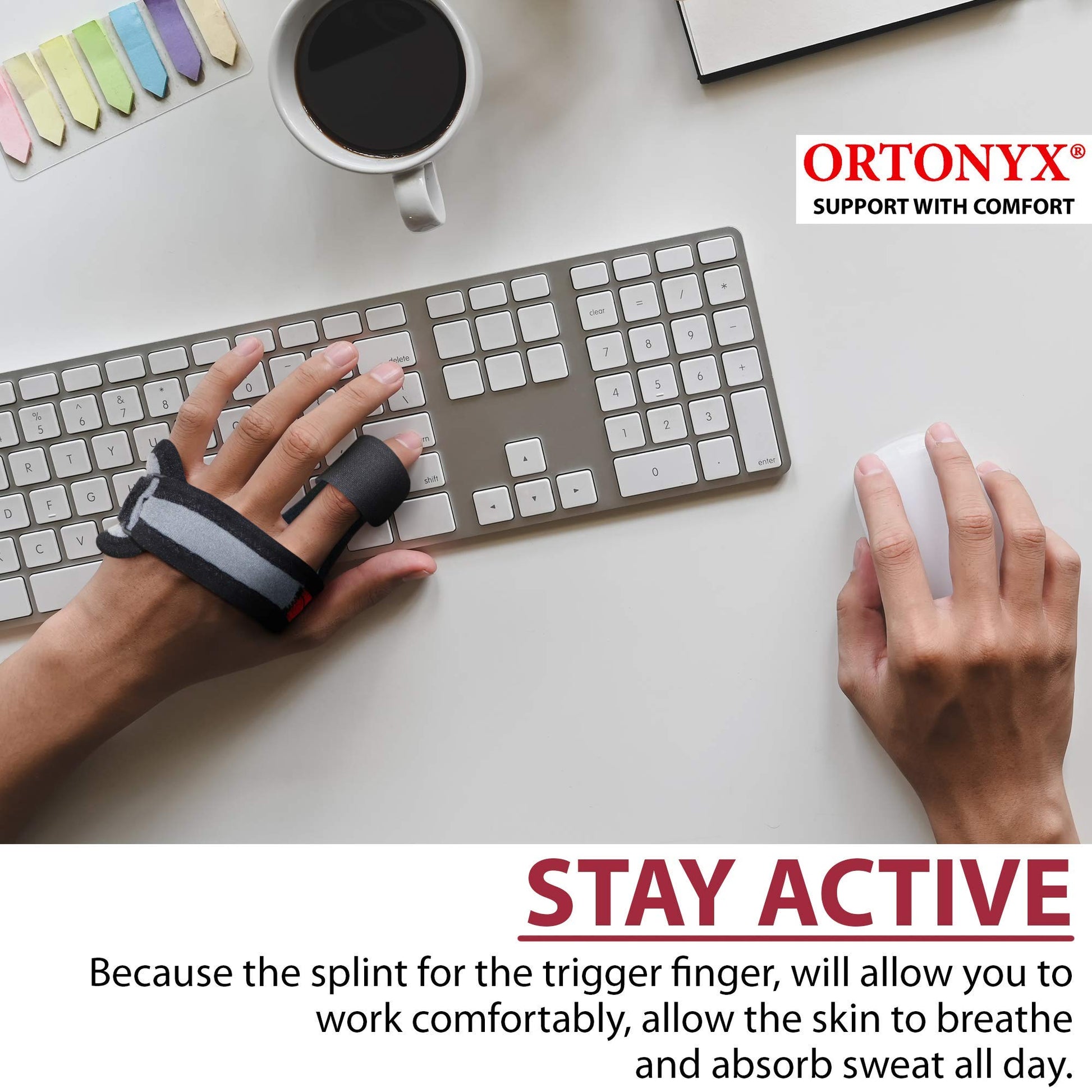 Hand typing at keyboard wearing ORTONYX Trigger Finger Splint, adjustable finger support brace with rigid aluminum stay