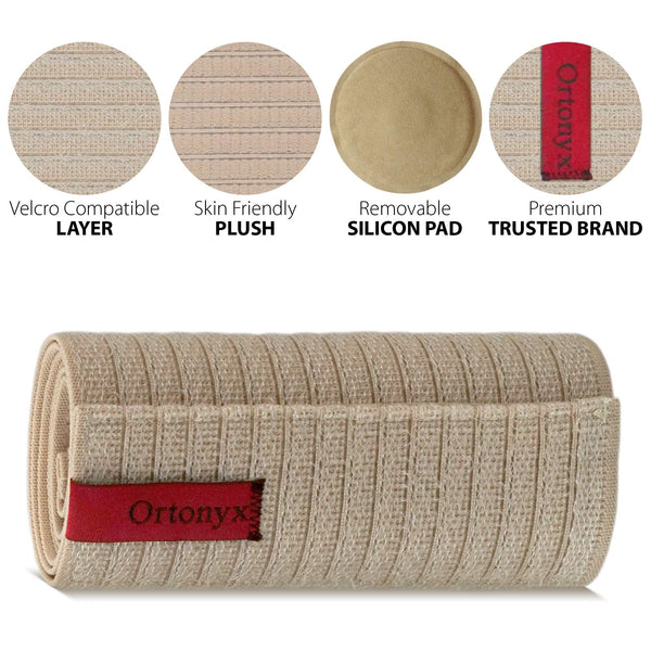 ORTONYX umbilical hernia belt, beige abdominal binder rolled with hook-and-loop fabric and removable silicone hernia pad.