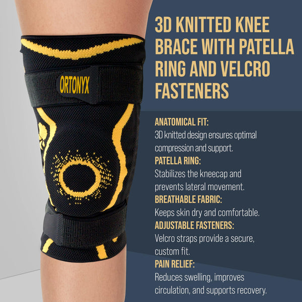 ORTONYX knee brace 3D knitted sleeve with patella gel ring and dual Velcro straps on leg, breathable compression knee support