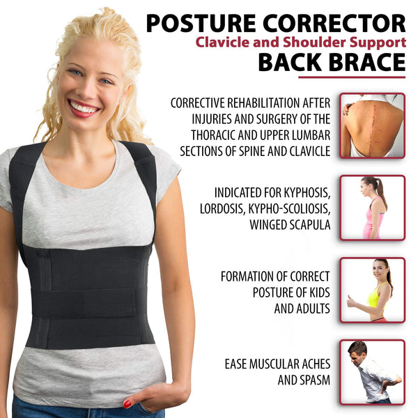 Woman wearing ORTONYX Comfort Posture Corrector 656 back brace, adjustable hook-and-loop for clavicle and shoulder support