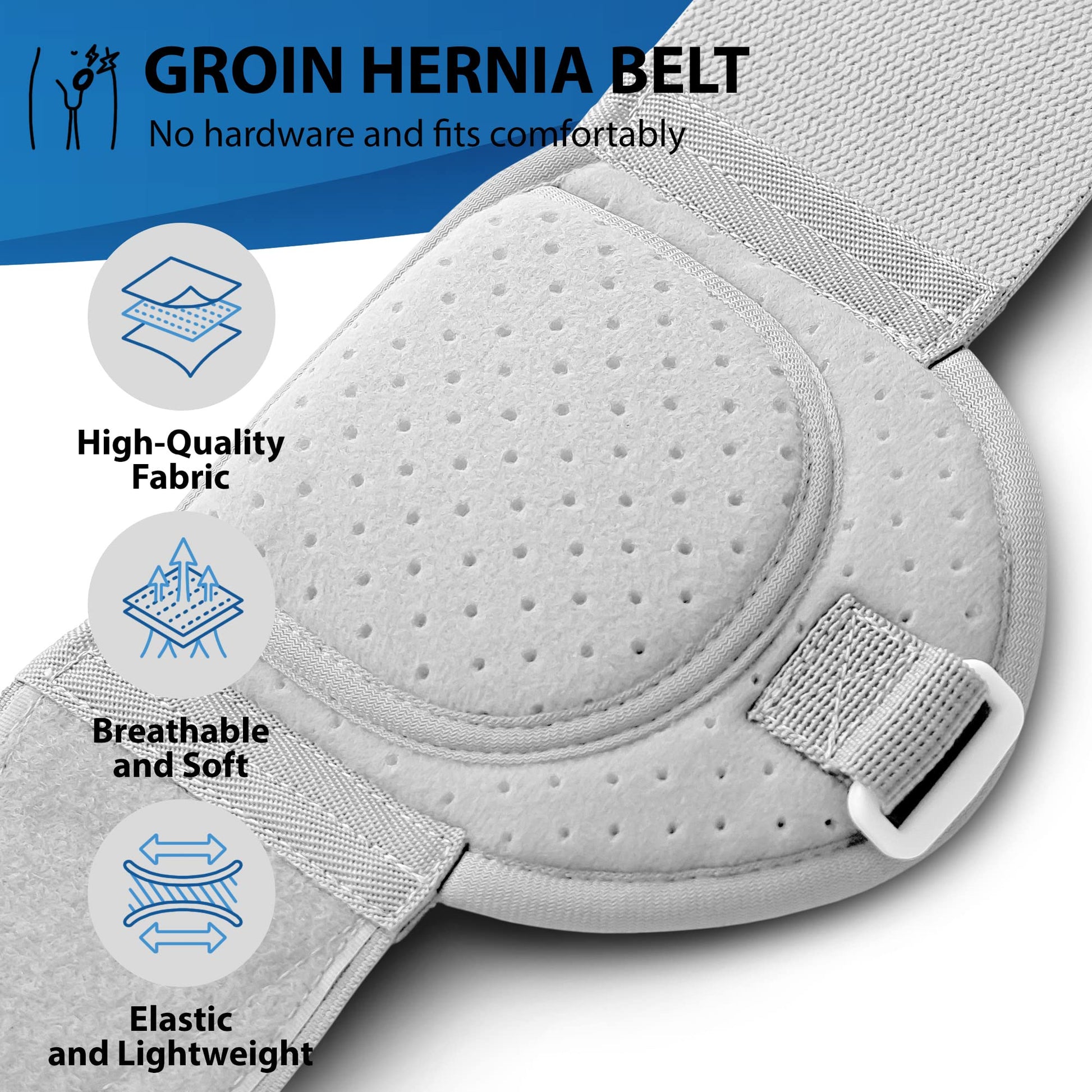 ORTONYX Inguinal Hernia Belt truss with perforated compression pad and adjustable strap buckle; breathable groin support belt.