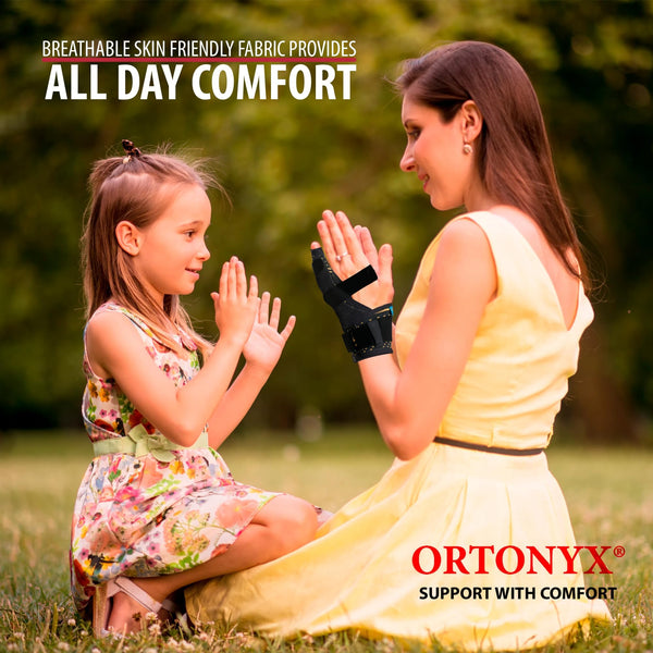 Hand wearing ORTONYX Pinky Finger Splint KB434-BK, breathable ulnar gutter boxer fracture brace stabilizing 4th–5th fingers