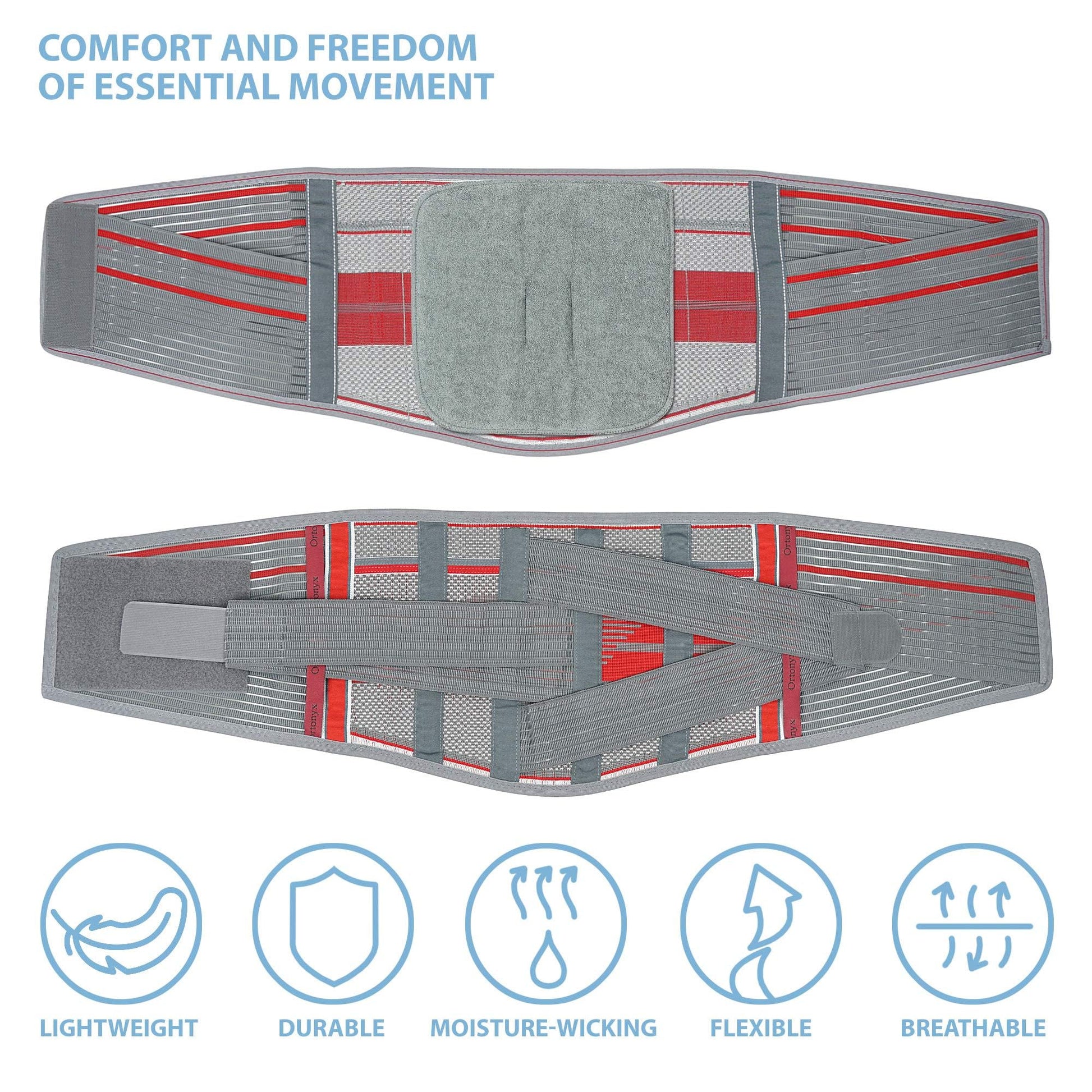 ORTONYX lumbar support belt, lumbosacral back brace in breathable knit mesh with four stays and adjustable compression straps.