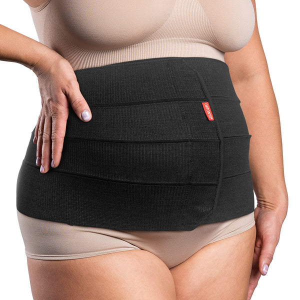 ORTONYX 12 in abdominal binder on torso, black wide panel with adjustable closure for post-surgery and postpartum support