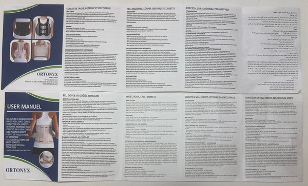 ORTONYX user manual with multilingual instructions and photos of orthopedic support braces for waist, chest, and upper back