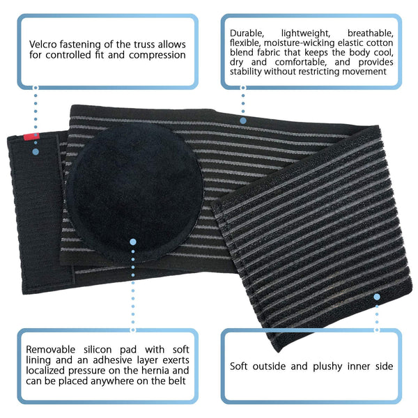 Black umbilical hernia truss with removable silicone pad, breathable elastic cotton binder, adjustable hook-and-loop closure