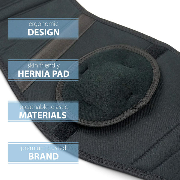 Black umbilical hernia belt with cushioned navel pad, side splints, and breathable elastic fabric; abdominal support brace