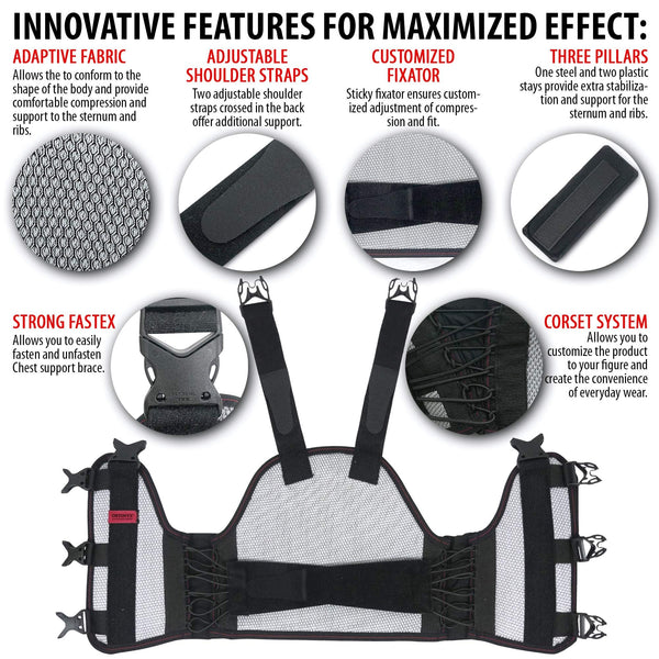 ORTONYX sternum and thorax chest brace ACHB5255; mesh body, steel front stay, two plastic stays, crossed adjustable straps.