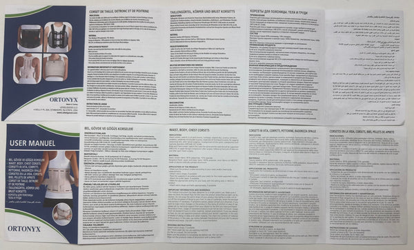 ORTONYX user manual laid open, showing waist, body, chest corset instructions and photos of a back brace, multilingual layout.