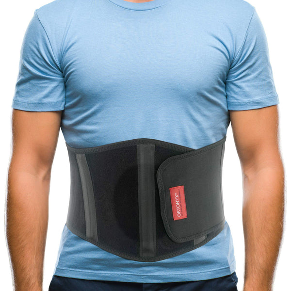 Black umbilical hernia belt with curved navel pad and two side splints, breathable elastic abdominal support brace by ORTONYX