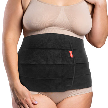ORTONYX 12-inch abdominal binder on torso, black panel with adjustable closure; bariatric postoperative/postpartum support