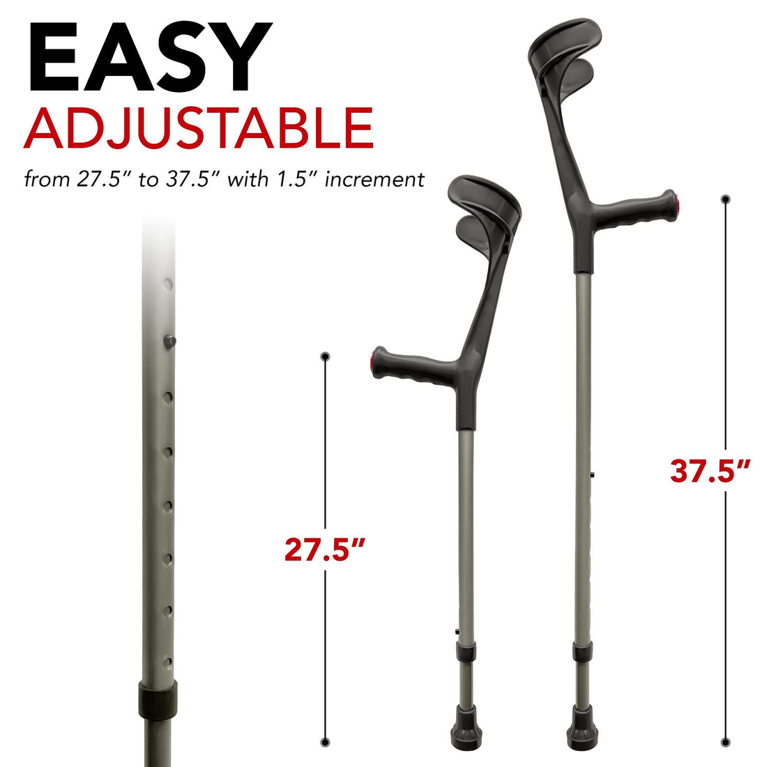 Forearm Crutches for Adults 1 Pair - Open Cuff - Handle with Light Reflector